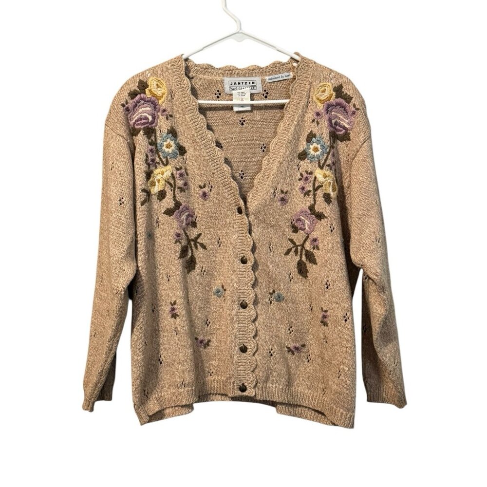 Jantzen Classics Cardigan Sweater Hand Embroidered Women Size Medium Floral VTG